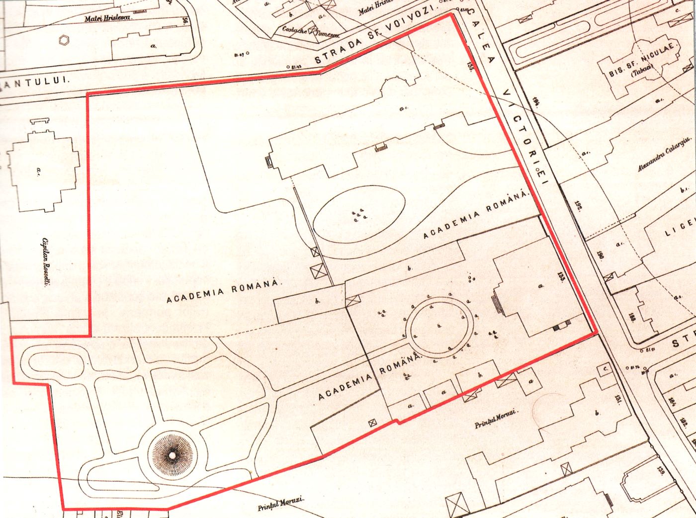 Planul cadastral al orașului București întocmit în anul 1911, cu terenul și clădirile Academiei Române. Calea Victoriei, la intersecția cu str. Sfinții Voievozi 