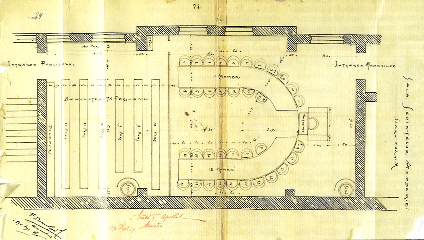 Planul sălii de ședințe construite în Casele C.Șt. Cesianu. Prima Aulă a Academiei Române, în care s-au desfășurat lucrările între anii 1890-1898